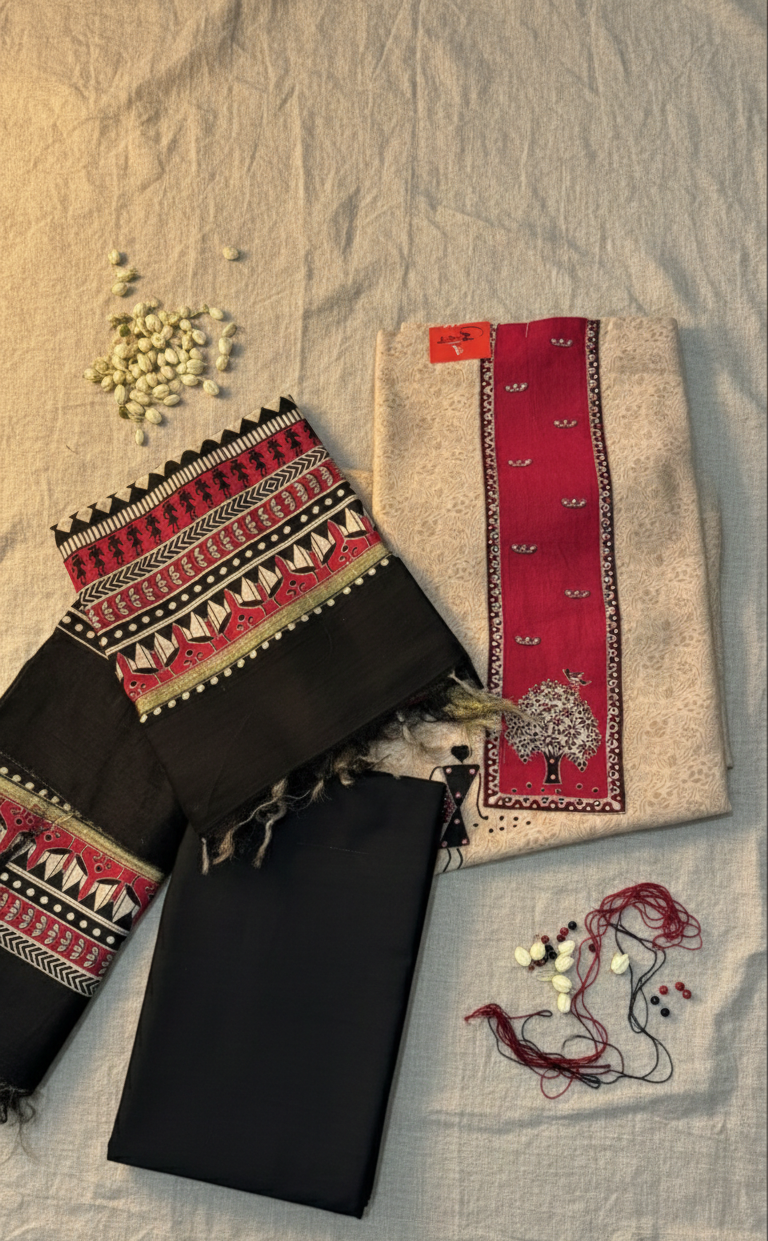 Beige & Red Warli Art Ensemble