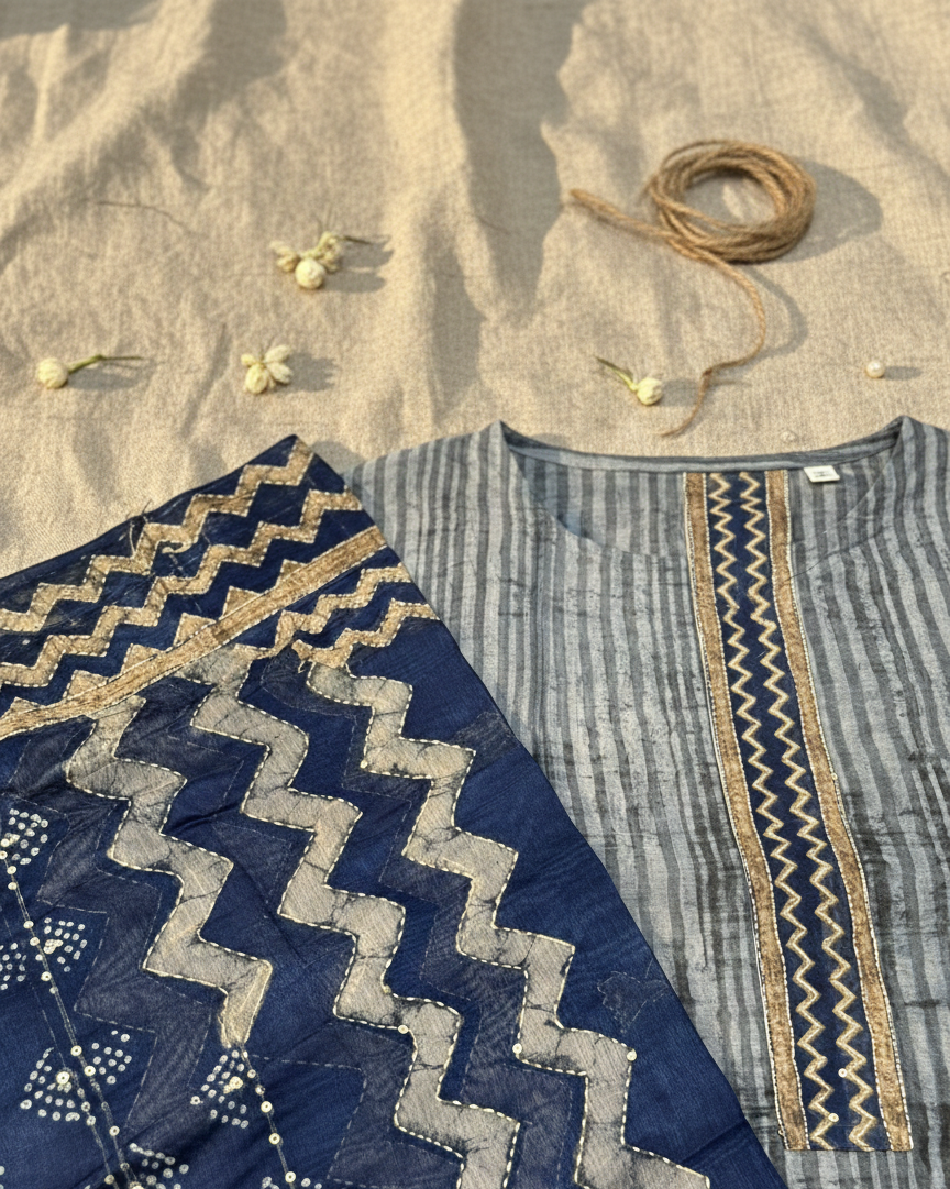 Hand-Block Shibori Print Cotton Suit Set with Embroidered Neckline - Teal & Seafoam Blue