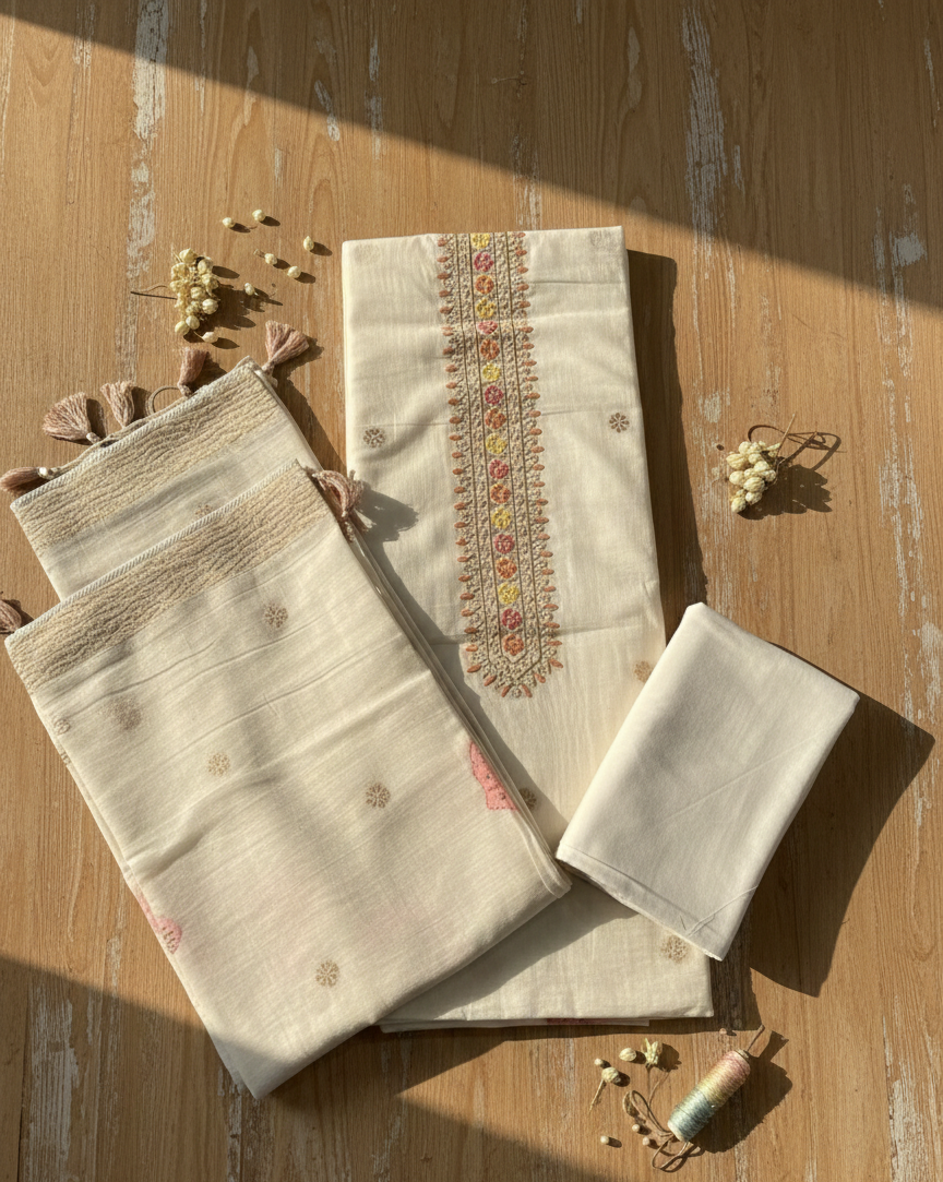 Ivory Floral Embroidered Set with Tassel Dupatta