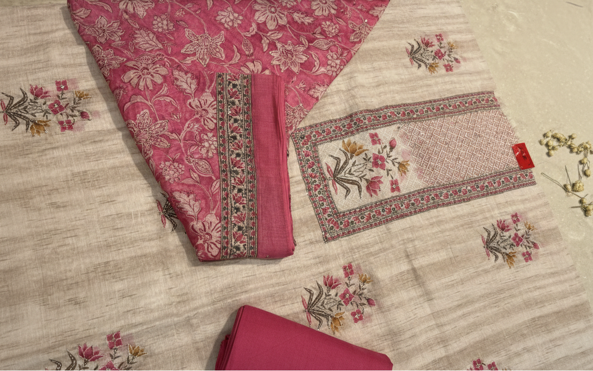 Berry Pink & Oatmeal Beige Hand-Block Print Cotton Suit Set