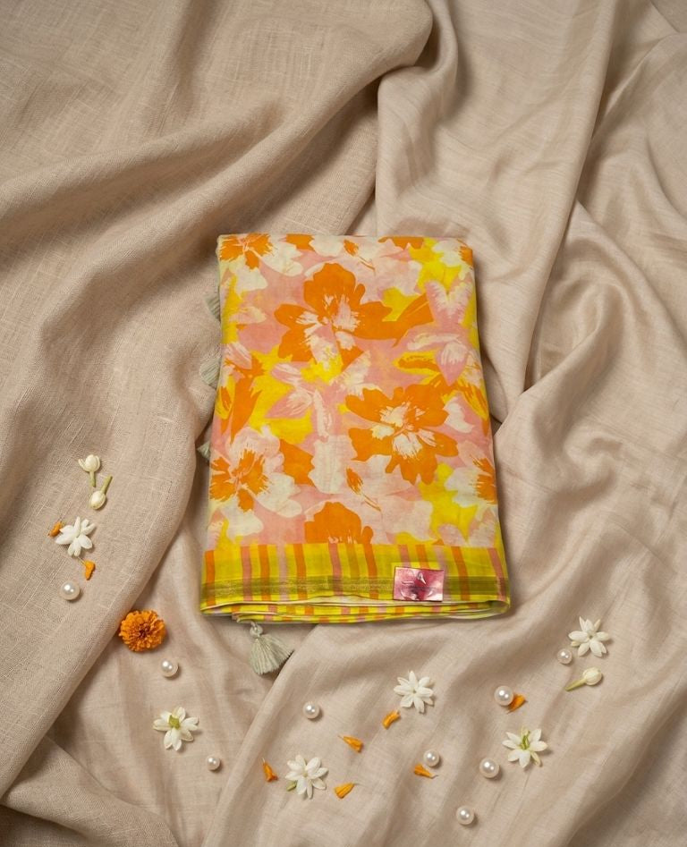 Vibrant Orange & Yellow Floral Mul Cotton Saree