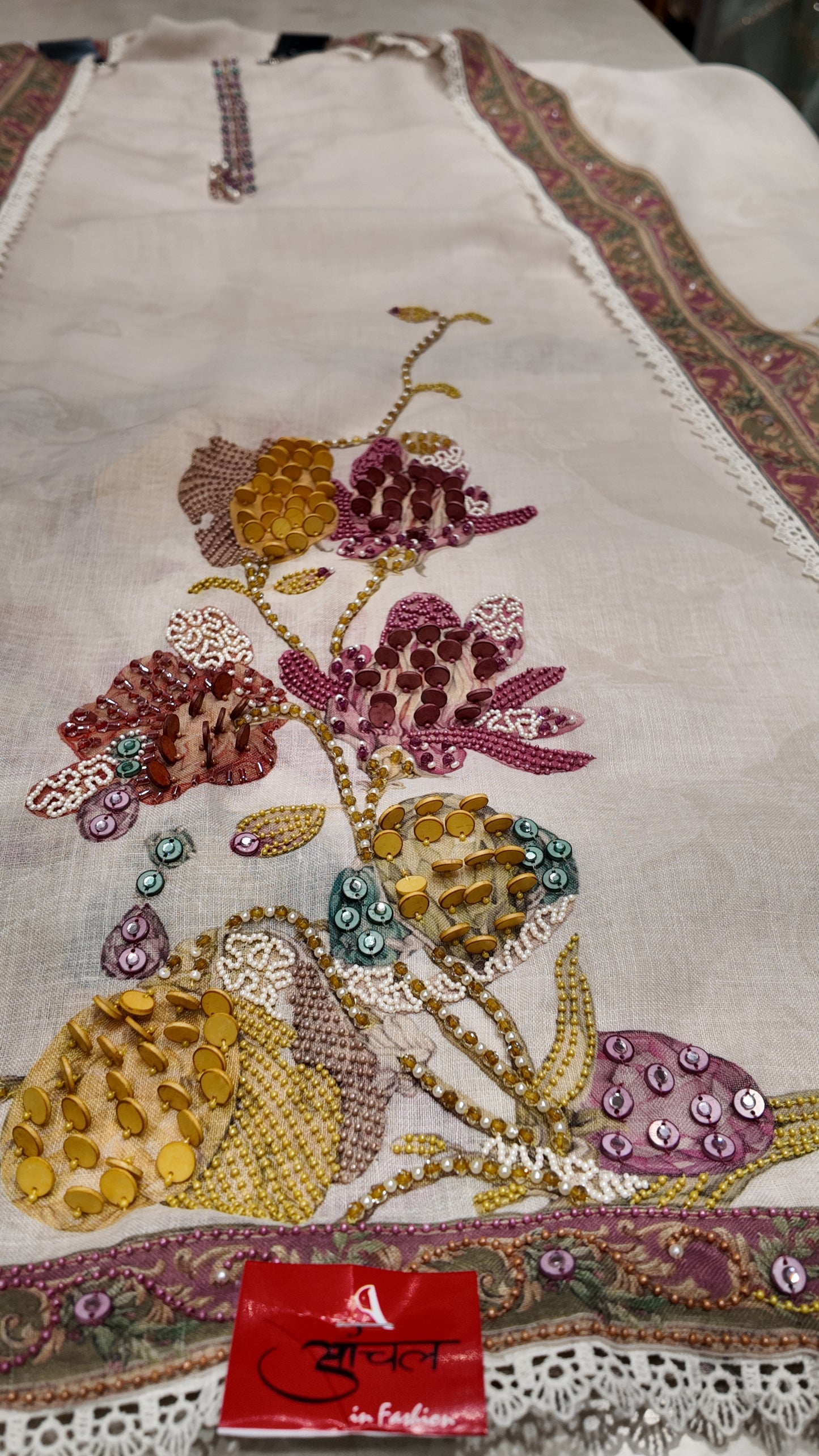 Rose Quartz & Sand-Beige Floral Embroidered Suit with Intricate Beadwork