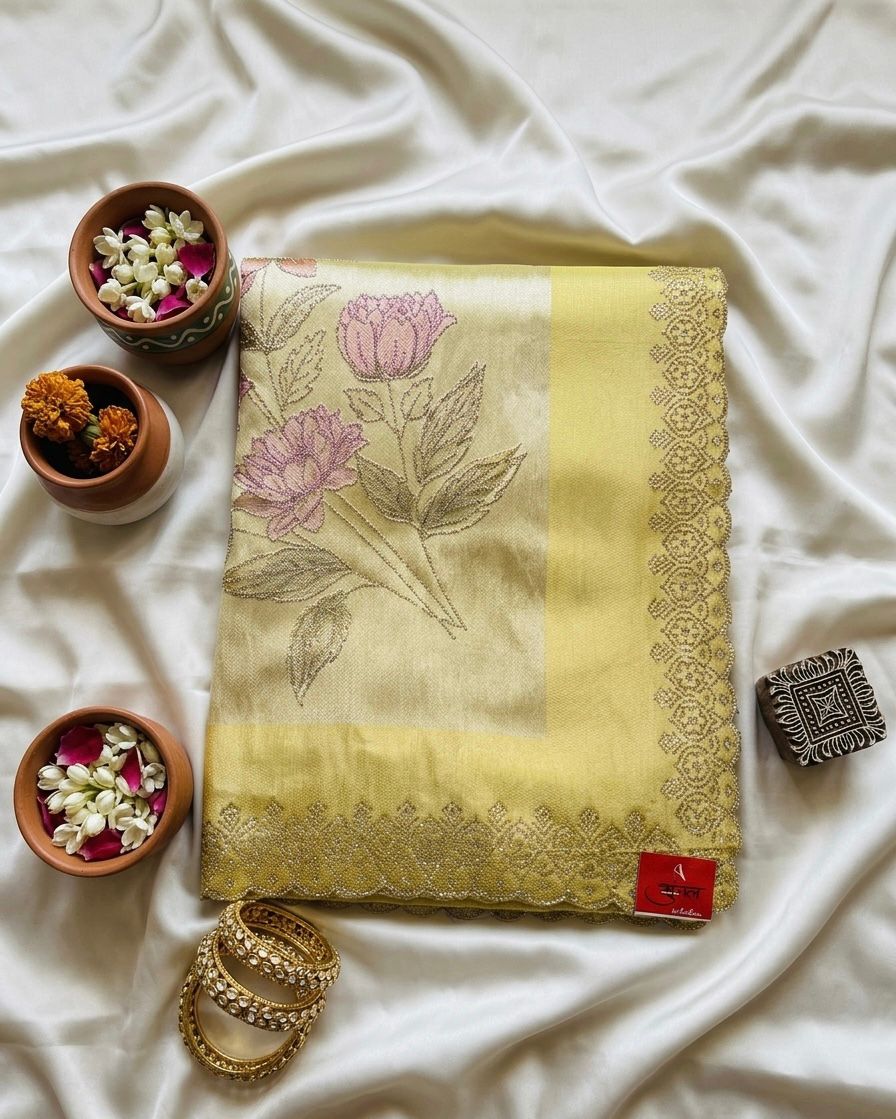 Ivory Floral Embroidered Saree with Gold Borde