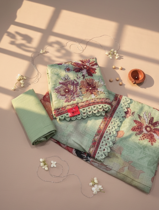 Ethereal Sea-Green Unstitched Suit Set with Floral Appliqué and Lace Detailing