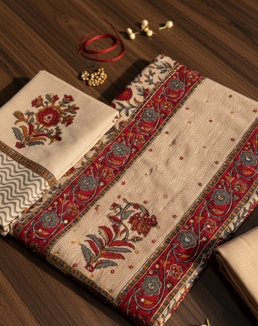 Cream & Red Kalamkari-Style Floral Set