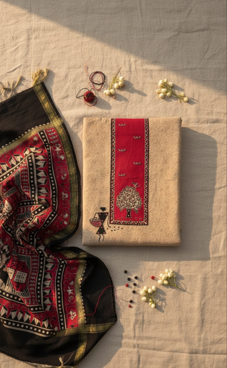 Beige & Red Warli Art Ensemble