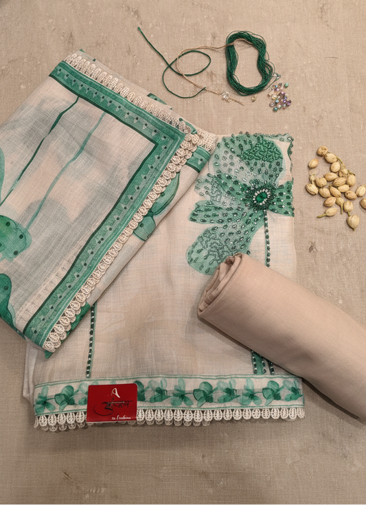 Vintage Teal Unstitched Suit with Deep Crimson Floral Appliqué