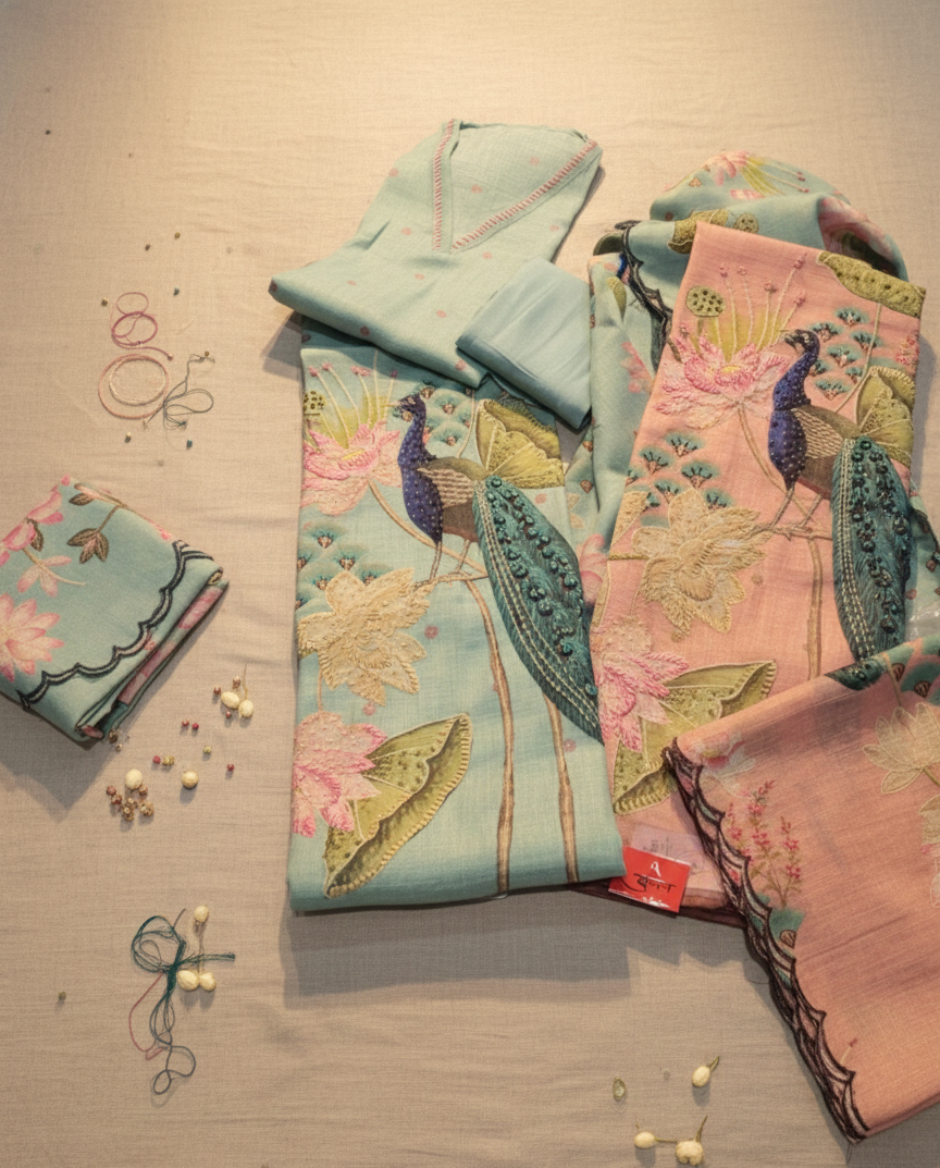 Pink Peacock Embroidered Unstitched Suit Set