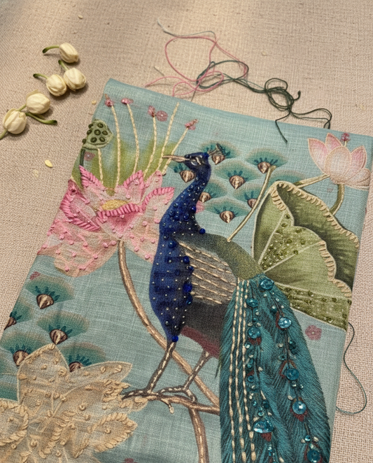 Sky Blue Peacock Embroidered Unstitched Suit Set