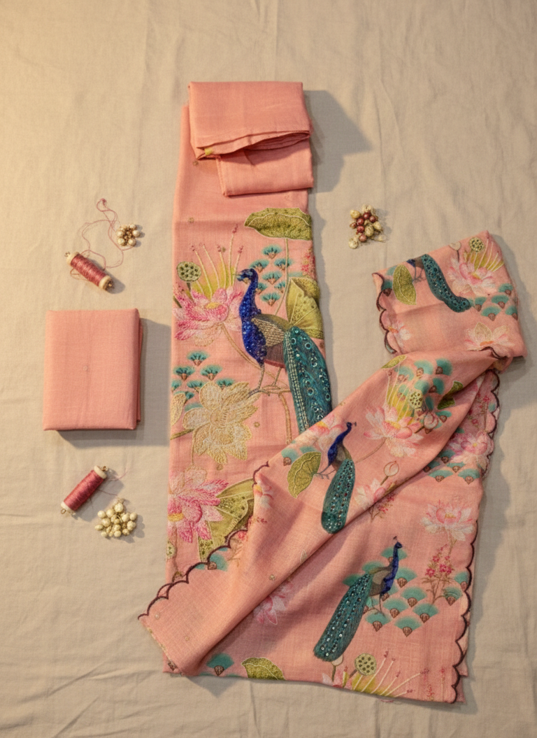 Pink Peacock Embroidered Unstitched Suit Set