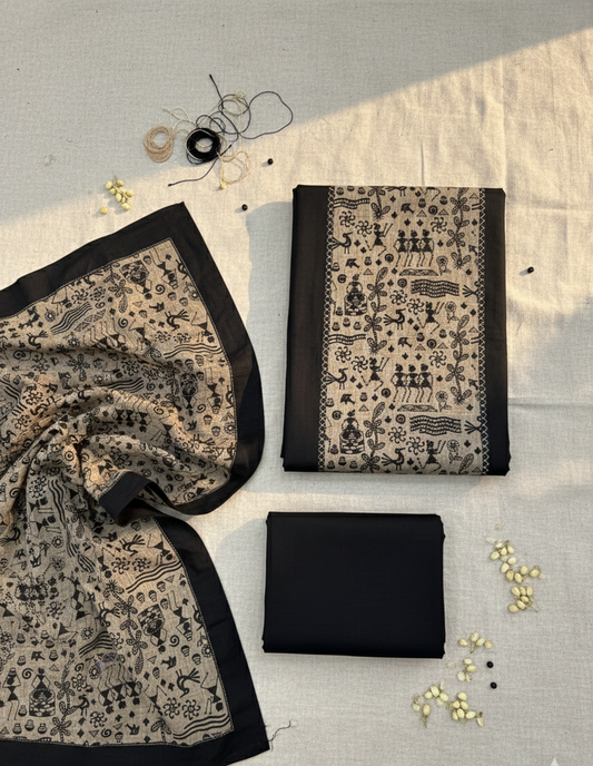 Elegant Black Hand-Block Warli Art Cotton Suit Set