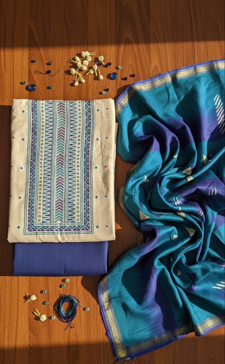 Arctic Blue & Cream Geometric Ikat-Style Set