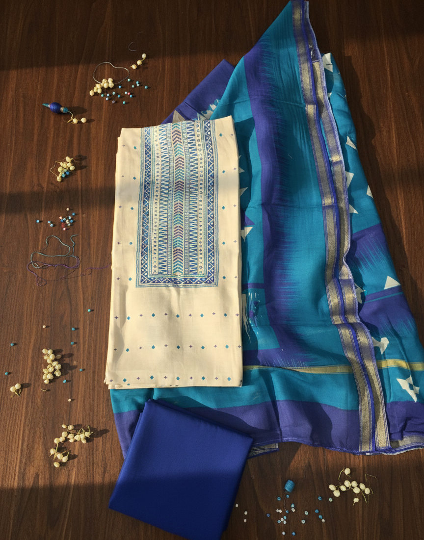 Arctic Blue & Cream Geometric Ikat-Style Set