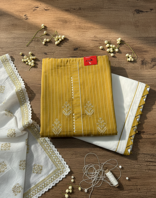 Mustard & White Hand-Embroidered Cotton Suit Set with Lace-Trimmed Dupatta