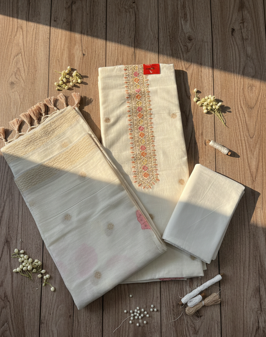 Ivory Floral Embroidered Set with Tassel Dupatta