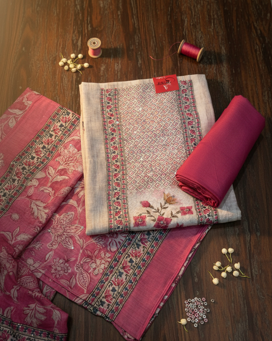 Berry Pink & Oatmeal Beige Hand-Block Print Cotton Suit Set