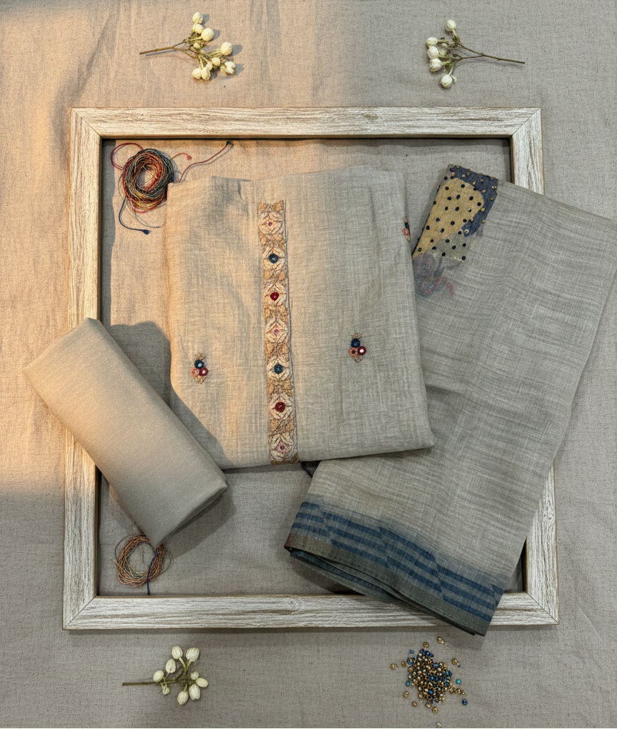 Gray traditional outfit with embroidered details on a wooden tray against a gray background