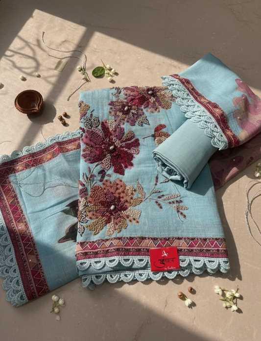 Mul fabric with lace trim on a beige surface