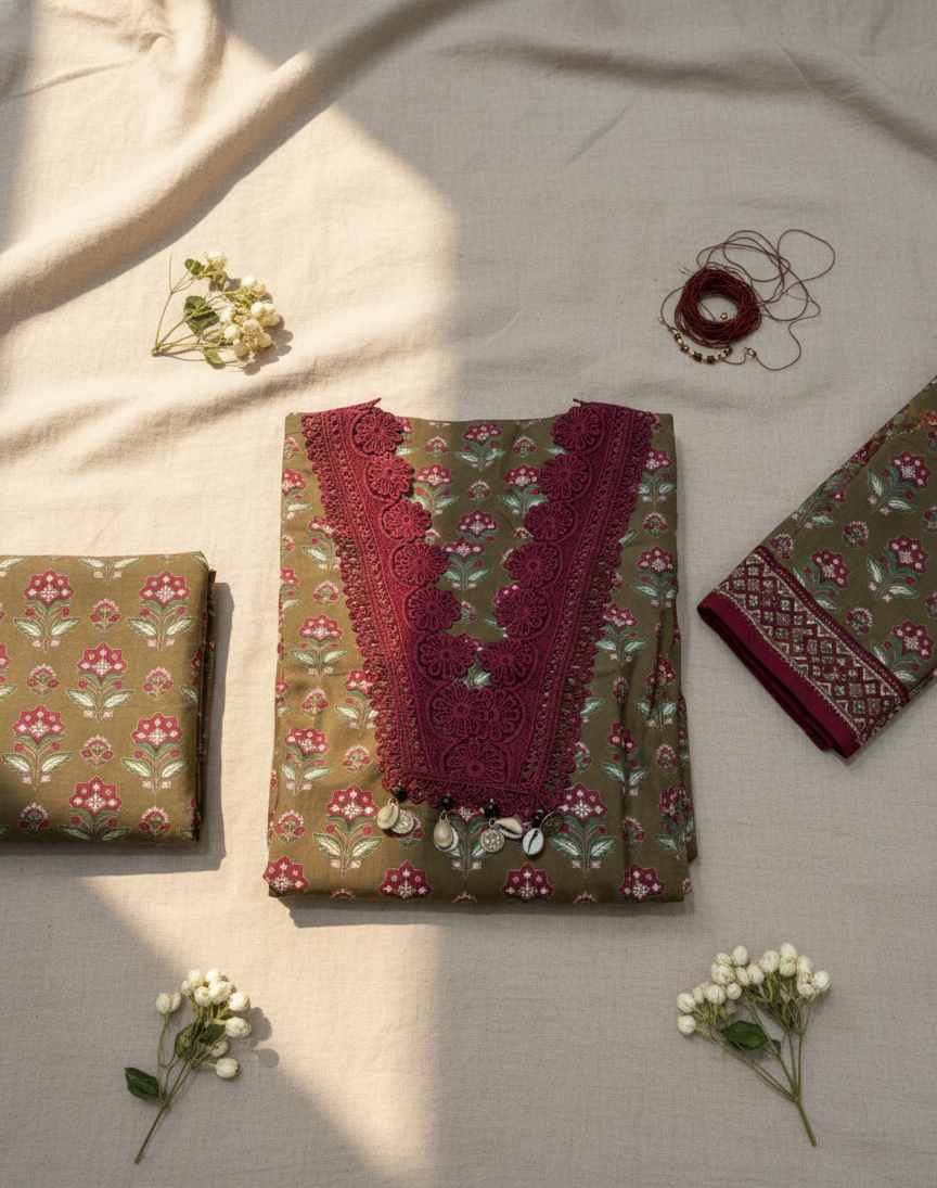 Elegant Olive & Maroon Floral Unstitched Suit Set