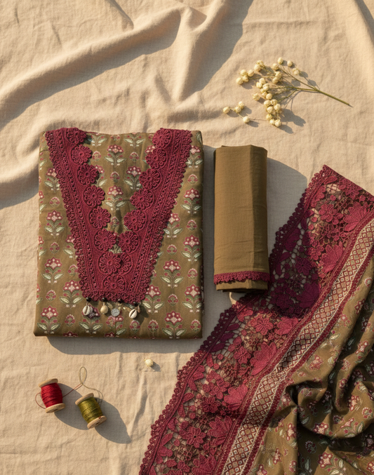 Elegant Olive & Maroon Floral Unstitched Suit Set