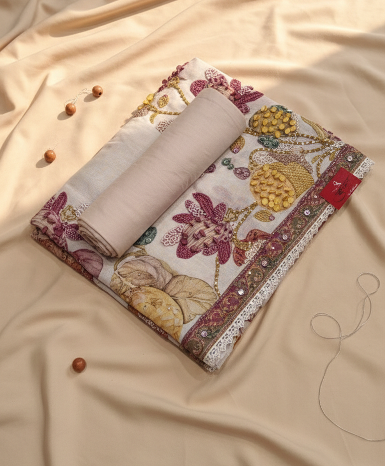 Floral-patterned fabric roll on a beige fabric background