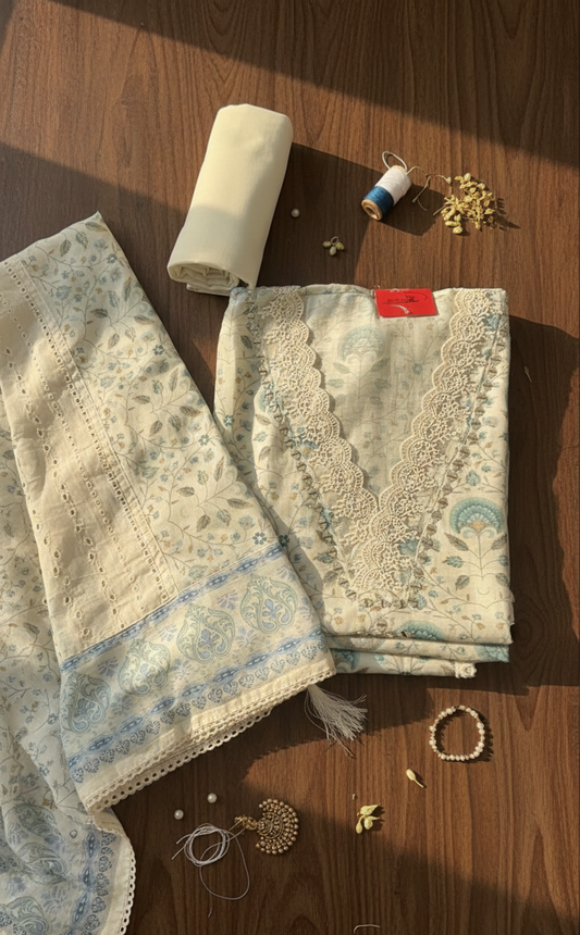 Serene Aqua & Cream Floral Cotton Suit Set with Intricate Crochet Lace Neckline