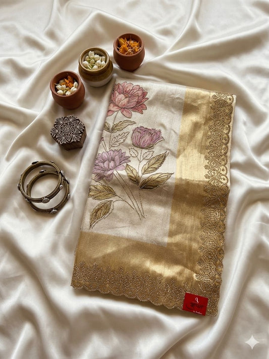 Ivory Floral Embroidered Saree with Gold Borde