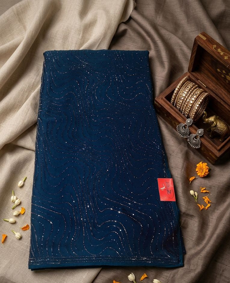 Midnight Blue Crepe Saree with Shimmering Swarovski Work