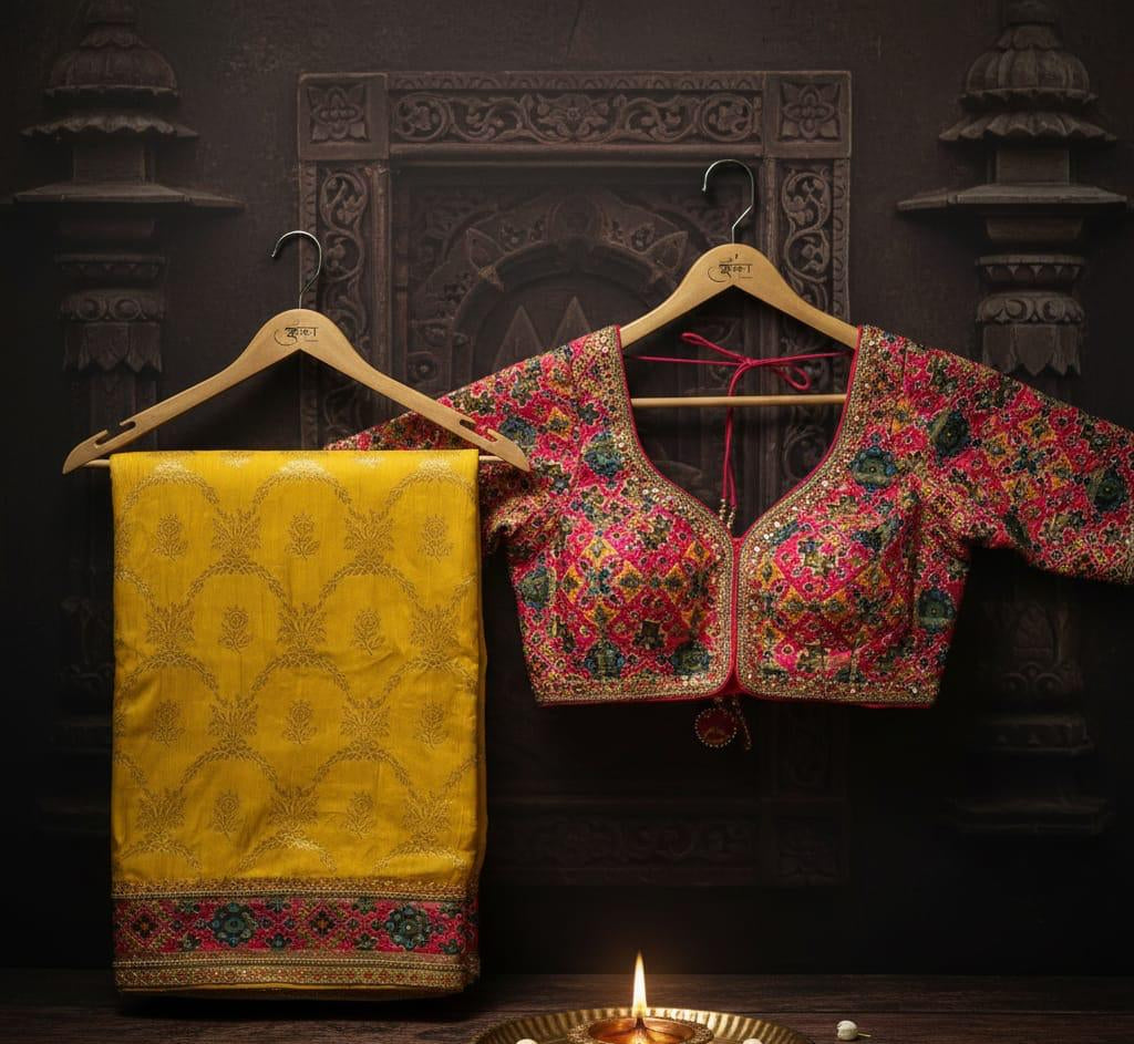 Exquisite Mustard Yellow Silk Saree with Intricately Embroidered Pink Blouse