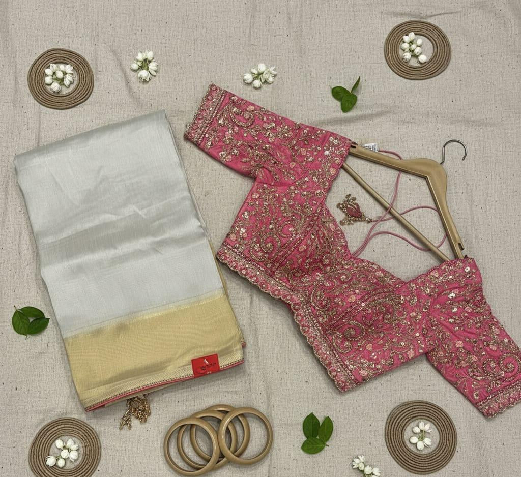 Elegant Silver Silk Saree with Intricately Embroidered Pink Blouse
