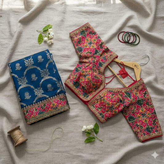 Majestic Teal Blue Zari Silk Saree with Vibrant Multicolored Embroidered Blouse