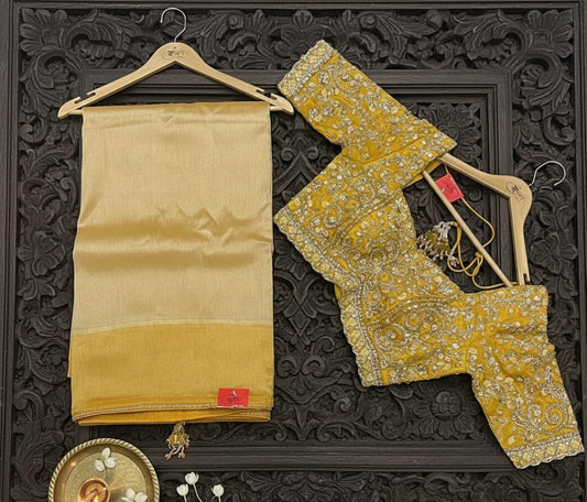 Luminous Champagne Gold silk Saree with Heavily Embellished Mustard Yellow Blouse