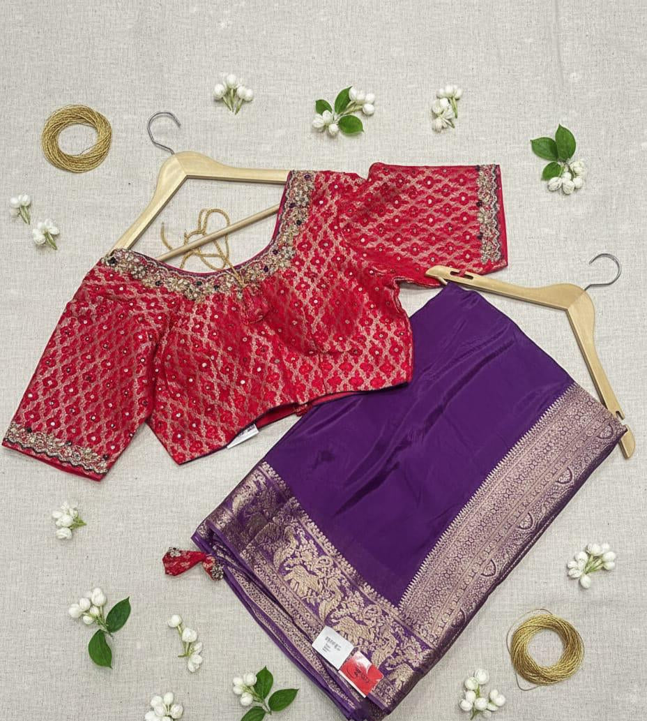 Royal Purple Dola Silk Saree with Ornate Crimson Red Embroidered Blouse