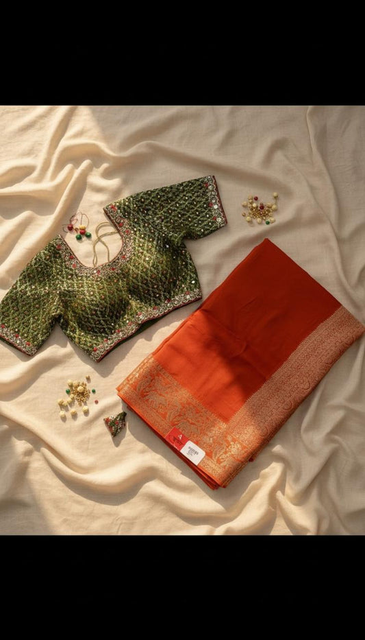 Rust Orange Silk Saree with Olive Green Embroidered Blouse