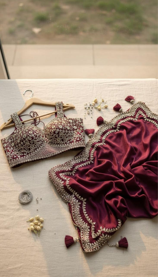 Exquisite Deep Wine Scalloped Saree with Ornate Silver-Work Blouse