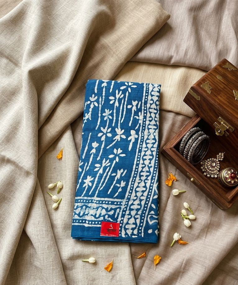 Midnight Blossom Hand-Printed Indigo Saree