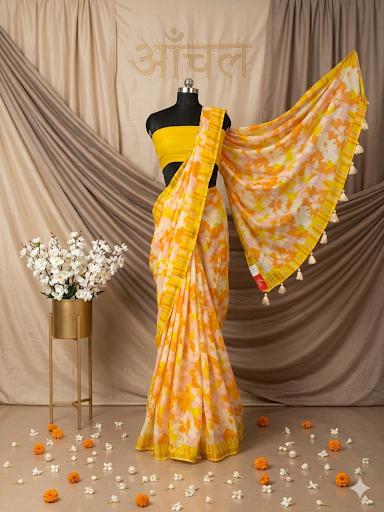 Vibrant Orange & Yellow Floral Mul Cotton Saree