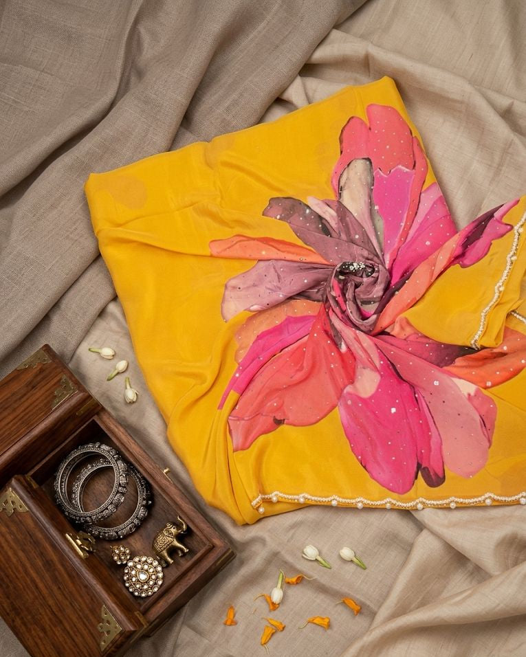 Vibrant Canary Yellow Crepe Saree with Digital printed Floral Art