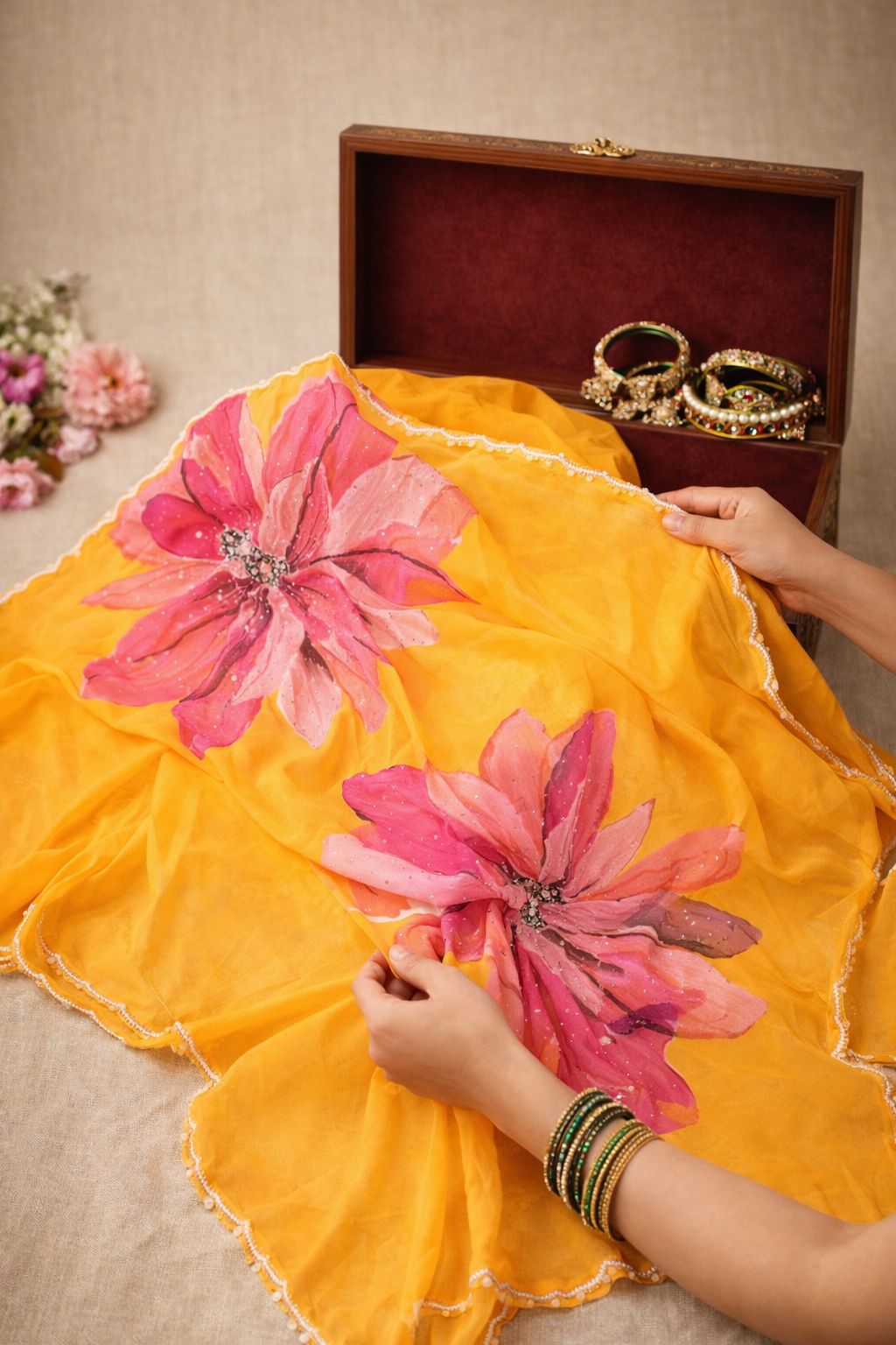 Vibrant Canary Yellow Crepe Saree with Digital printed Floral Art